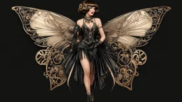 Full Body, Art Nouveau Woman With A Bob With A Fringe Hairstyle, 1920s Clothing, Steampunk Metal Moth wings, Black Background