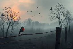 arafed whimsical folk art: post-apocalyptic grey tones, serene overgrown landscape at dawn, end of humanity, wild plum trees, soft mist, grotesque rain, a (((vibrant robin))) with glowing fiery red feathers perched on a rusted low fence-wire in the foreground, swallows circling, damp dark earth, abandoned decaying wooden posts fading, soft ethereal dawn, pastel tones, heavy rust vibe, scrap metal vibe