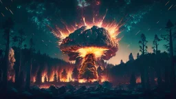 giant radioactive explosion destroy a forest, night starry sky in background, 8k resolution, photorealistic, ultra detailed