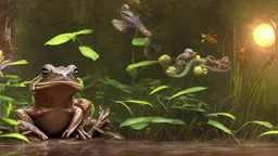 screenshot of a smartphone game, horizontal display, start screen, rear shot of a stylized and happy young brown frog with black stripes in its natural habitat at sunset, plain with wetlands, ravines, river with water hyacinth, ceibos and willows, dragonflies, beetles, dewdrops, melancholic and dreamy atmosphere, digital art