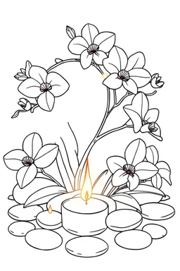 outline art for visually rich appealing heart ikebana orchids plumeria spa rounded stones around candles, coloring page for kids, white background, fit to page, only use outline, clean line art, no shadows, clear and well outlined