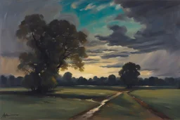 Trees, night, clouds, 2000's sci-fi movies influence, alfred munnings impressionism painting