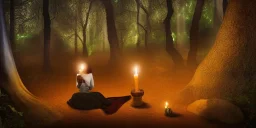 beautiful african lady meditating at night with candles in a enchanted forest, fotorealistic, high quality, landscape, 17, chalice well