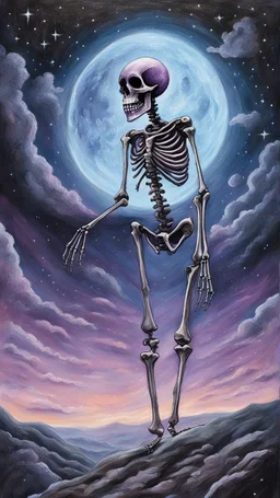 A pastel painting of a skeleton on a hilllookin into the night sky. A nebular in the sky. Painting. Purple colours. Blue colours. Colorful.Pastel colours. Masterpiece.