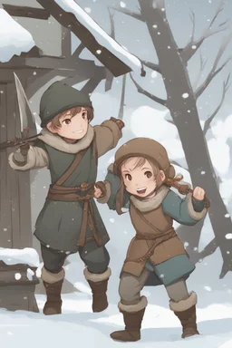 DnD style, two medieval peasant kids playing in the snow, female age 14 and male age 15, happy and playful, he has a short sword.