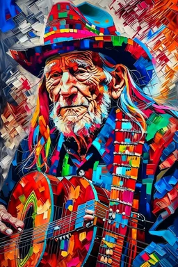 captivating conceptual painting of the iconic rock star, Willie Nelson, rendered in a vibrant and abstract art style. The background is a swirling, chaotic mix of artistic strokes that evoke a sense of rebellion and energy. The overall composition is a celebration of creativity, movement, and the essence of rock 'n' roll., vibrant, painting, conceptual art