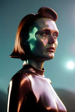 Ultra Realistic retro sci-fi scene, portrait, brunette woman, sweet Juliane Moore face, perfect iris, glow eyes, makeup. Alien Saturn background, Retro sci-fi style, helmet, tight latex coat, fog, rain, soft color, highly detailed, unreal engine 5, ray tracing, RTX, lumen lighting, ultra detail, volumetric lighting, 3d, finely drawn, high definition, high resolution.