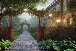 open iron gates made of colorful stained glass, covered in vines, trees, very large entry leading to a lush garden, see lot details in the garden, photo realistic 4k, nature, beautiful hand laid checkered pattern stone walkway path, trending on artstation, sharp focus, studio photo, intricate details, highly detailed, by greg rutkowski