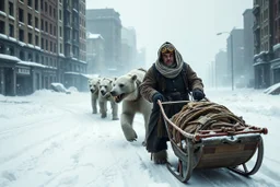 post-apocalyptic winter dystopia, zombie polar bear mutant creatures in harnesses pulling a sled carrying a man dressed in steampunk snow goggles, head-wrapping, and heavy robes; middle of a street in an empty destroyed crumbling city, massive snow drifts, ice particles, dramatic