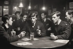 Smoky pub, cheerful young men drinking around a table, a policeman looking thoughtfully at the ID card of one of the boys, lamplight