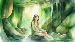 watercolor painting, A cave-inspired bathroom featuring smooth natural rock walls, a female Asian adventurer sitting on the edge of the bath, using a headlamp that casts a warm glow over the water, illuminating the space with a cozy ambiance., sophisticated muted-green color scheme, iridescent style, bright and reflective atmosphere light effects, holographic background, creative, detailed brush stroke, minimal spalsh