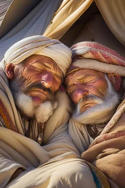 close up photography of two men sleeping on their stomachs , bearded ugly brawn 60-year-old rough beefy burly big scars bullneck arab tourist guides wearing traditional clothes, bulge, manly chest, photorealistic, sunlight, ambient occlusion, strong side light , sitting in a camping tent in the desert