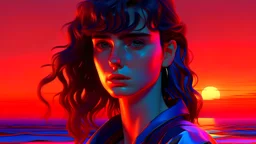 HYPER REALISTIC VAPORWAVE POSTER WOMAN SUNSET unreal engine fine hair dark hair neon colors