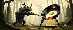 Fachen Enormous frying pan One-legged forest monster attempting to cook breakfast with terrifying determination