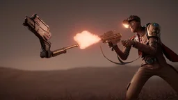 boy fends off the evil monster that came out of his closet with a steampunk styled rifle