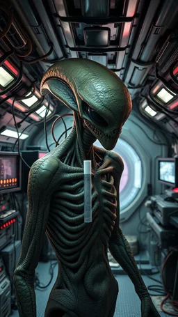 A full body hybrid human with creatures looks like alien face inside a laboratory connected with many wires and small plastic tube in side to big machine inside a lizard space ship, 4k , high quality picture and dim lighting with small screen monitors