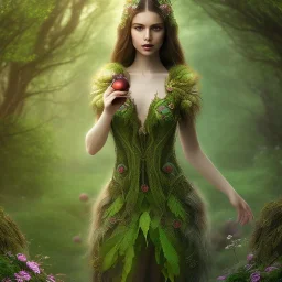 delicate hands with apple, upper body of dark celtic selda, fast walker, as a brunette young cute feminine woman, short hair, green forest background, pond, mega flowers,peacock,sun light