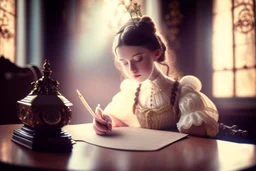 cute chibi contented victorian princess writing a letter in a victorian room in sunshine, ethereal, cinematic postprocessing, dof, bokeh