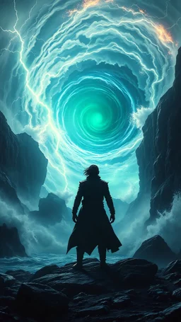 Epic final scene: Elias standing before a swirling vortex of lightning and energy, waves crashing against cliffs, wind and storm circling him, green and blue light illuminating the chaos, cinematic composition, high contrast lighting, dark fantasy realism, sense of power and destiny.