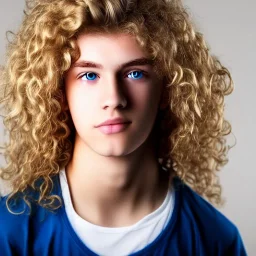 teen, male, with long blond curly hair, real photo, soft lighting