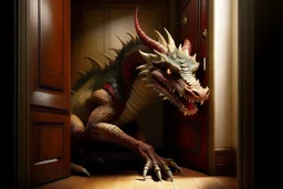 A real good dragon knocks on the door of a child's room, realism photographic,