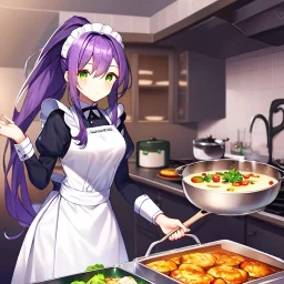 girl, masterpiece, best quality, volumetric lighting, detailed outfit, perfect eyes, purple hair, long hair, green eyes, ponytail, maid, indoors, cooking food,