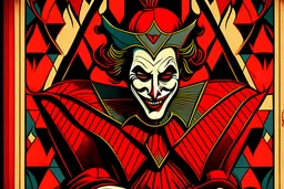 Stylized Medieval European joker, In the style of Tarot and Art Deco, red colours