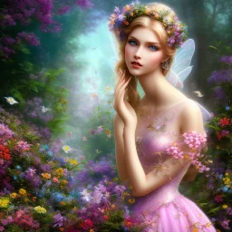 bright fairy, beautiful portrait, flowery landscape