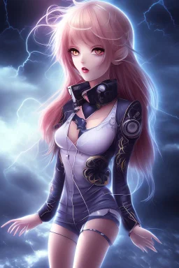 Stunning anime popgirl with striking looks in a stormy background