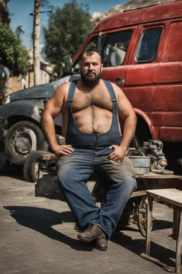 half figure photography of an ugly 36 year old chubby robust burly turkish plumber, wearing his work unbuttoned bulging overalls, bulge, leaning with his back to his van, arms folded and emotive look, ajar mouth, hairy chest, , very virile, short black beard, shaved hair, sweat, , in a sunny street, photorealistic , frontal view from the ground