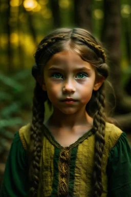 A five years old beautiful Little girl, with elven ears, golden eyes and long black braids, with serene look, dressed in primitive green elven clothing, surrounded by a mystical golden aura, with a background of a primitive elven village in the forest