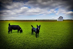 Photograph. Technological singularity. Post-apocalypse utopia. Machine, fake smile, staring eyes. Milky white lay figures torso on the ground. Grass, mud. dirt. Dog sniffing the torso. An yard of a farm is in the Background.