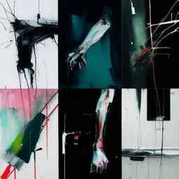 Minimal abstract oil paintings close up person limbs sinew and concrete fragments illuminated at night style of Justin Mortimer