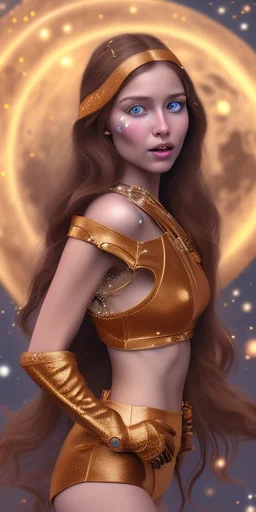 brown eyes, laugh, brunette sophie hennie cute young woman singing at saturns europa moon, golden jewelry, ice cold, winter, magnificent, majestic, highly intricate, incredibly detailed, ultra high resolution, complex 3d render,renaissance painting