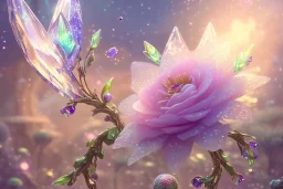 one big crystal subtle flower in a galactic ambiance with a very little beautiful fairy, transparent petals, delicate colors, in the foreground, full of details, smooth, bright sunshine，soft light atmosphere, light effect，vaporwave colorful, concept art, smooth, extremely sharp detail, finely tuned detail, ultra high definition, 8 k, unreal engine 5, ultra sharp focus