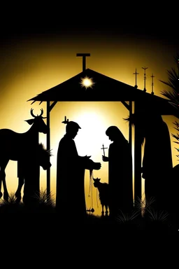 Create a black silhouette with gold Christmas photo with the stable and star and Mary and Joseph and manger and wisemen and shepherds and sheep and camels and a donkey and cow