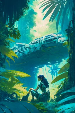 woman kneeling in a jungle glade with dense foliage, sitting under a huge space freighter, wide angle with a blue sky