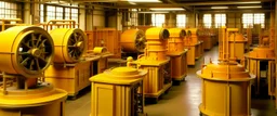 A yellowish orange color factory filled with machines painted by Frank Lloyd Wright