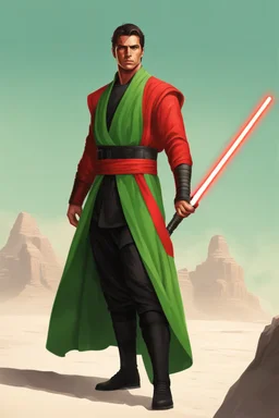 Full Muscular Body, Male Tan Human, Sith Empire, Red Bandage Blindfold. Green and Black Robes, Red Lightsaber, HD