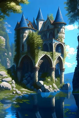 medieval gothic house built into a rock, lake, trees, arches, balconies, bridges, verandas, foliage, sunny blue sky