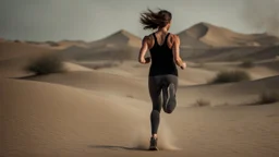 beautiful slender caucasian female technician, black tank top, angry, running, well toned muscles, weathered face, scratched sand camo metal details, short brunette wavy bob haircut, dystopian, desert scene with smoke and explosions,