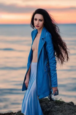 half body shot,realistic portrait of a 20-25 old caucasian model, long blue pink flowing hair, great grey eyes, blue leather jacket,full body, short white skirt,long legs,standing at beach of very nive lake with sunset ,clouds,godrayes