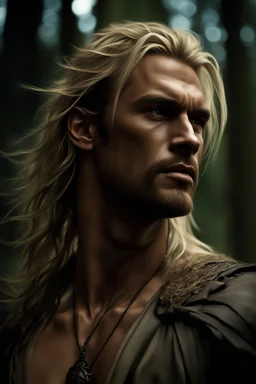 Tall muscular man aged 35 with light shaggy hair which falls around his shoulders, blonde neatly trimmed beard, photorealistic, dark fantasy, forest.