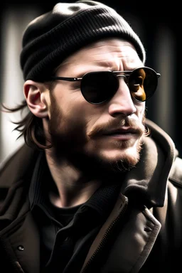 Norwegian war veteran, strong, brown beanie, beaten, grumpy, tom hardy, john wick, handsome, sunglasses, mid long hair