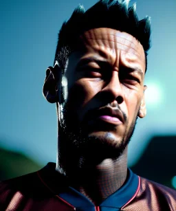 close—up shot of neymar jr deep colours in a dark setting background, post-apocalyptic , great pose,magnificent, majestic, highly intricate, Realistic photography, incredibly detailed, ultra high resolution, 8k, complex 3d render, cinema 4d.