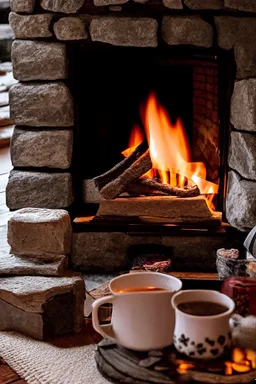 cozy vibes art tea and stone fireplace