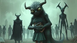 gentle, protective monster protects and hugs the alone sad child against bad tall dark evil people, random background , highly detailed, weird , surreal mood