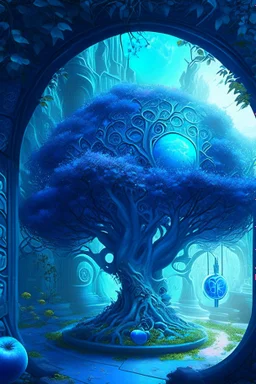 A bright blue Persian sci-fi garden dungeon with a silver apple tree at its center