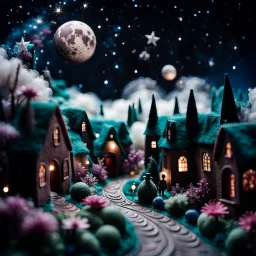 Detailed people, street made of modeling clay and felt, village, stars, galaxy and fog, planets, moon, volumetric light flowers, naïve, Henri Rousseau, strong texture, extreme detail, Yves Tanguy, decal, rich moody colors, sparkles, Harry Potter, bokeh, odd, shot on Ilford