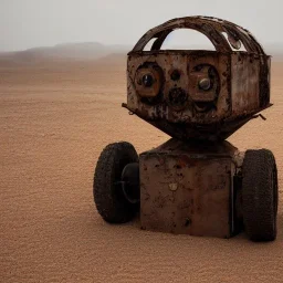 A robot whistling in the desert winds Rusty weathered and torn to pieces while the rain beats down on him